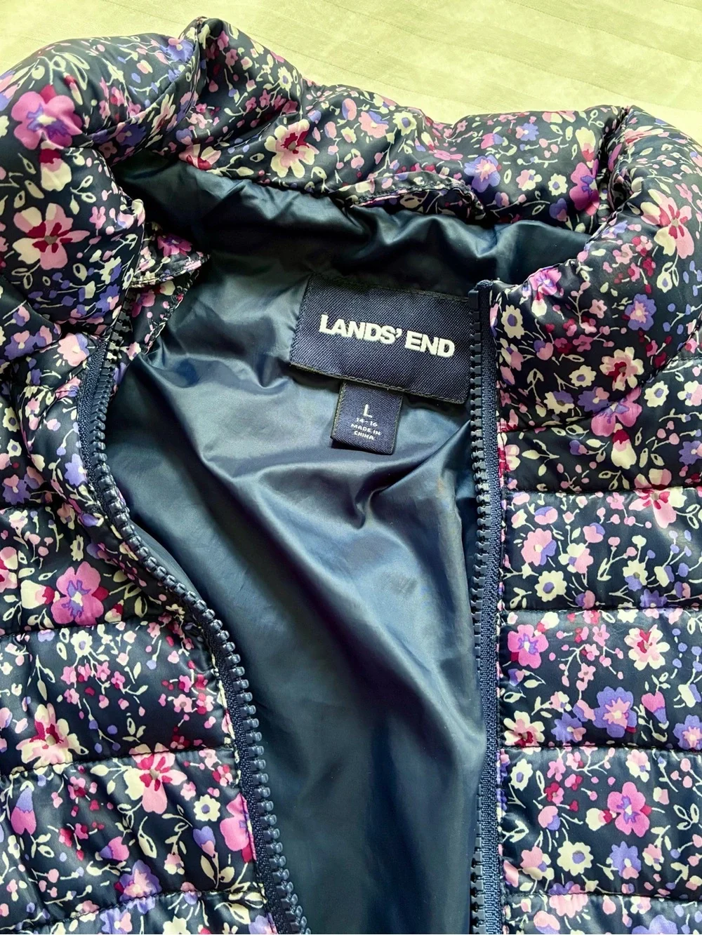 Lands' End Navy Quilted Jacket with Purple and Pink Floral Print - Picture 2 of 2